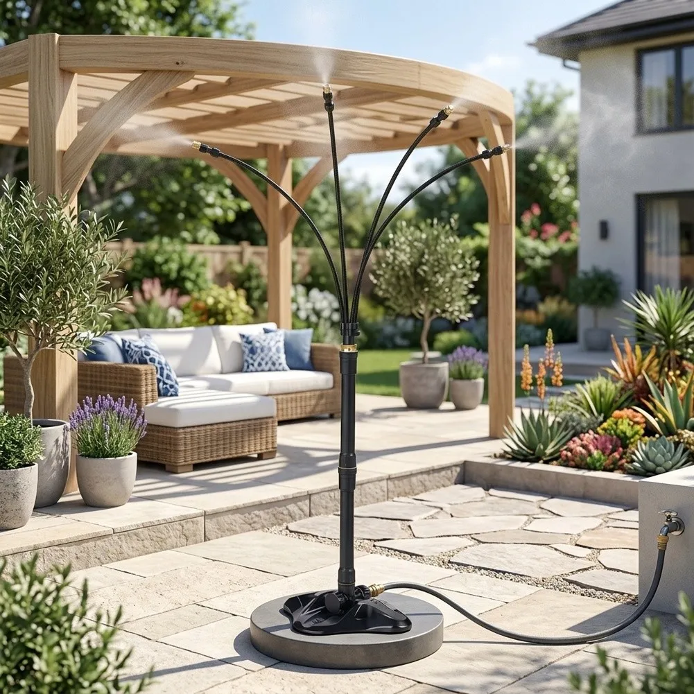 Adjustable Standing Misting System with Bendable Tubing and Copper Spray Nozzles for Comfortable Outdoor Cooling