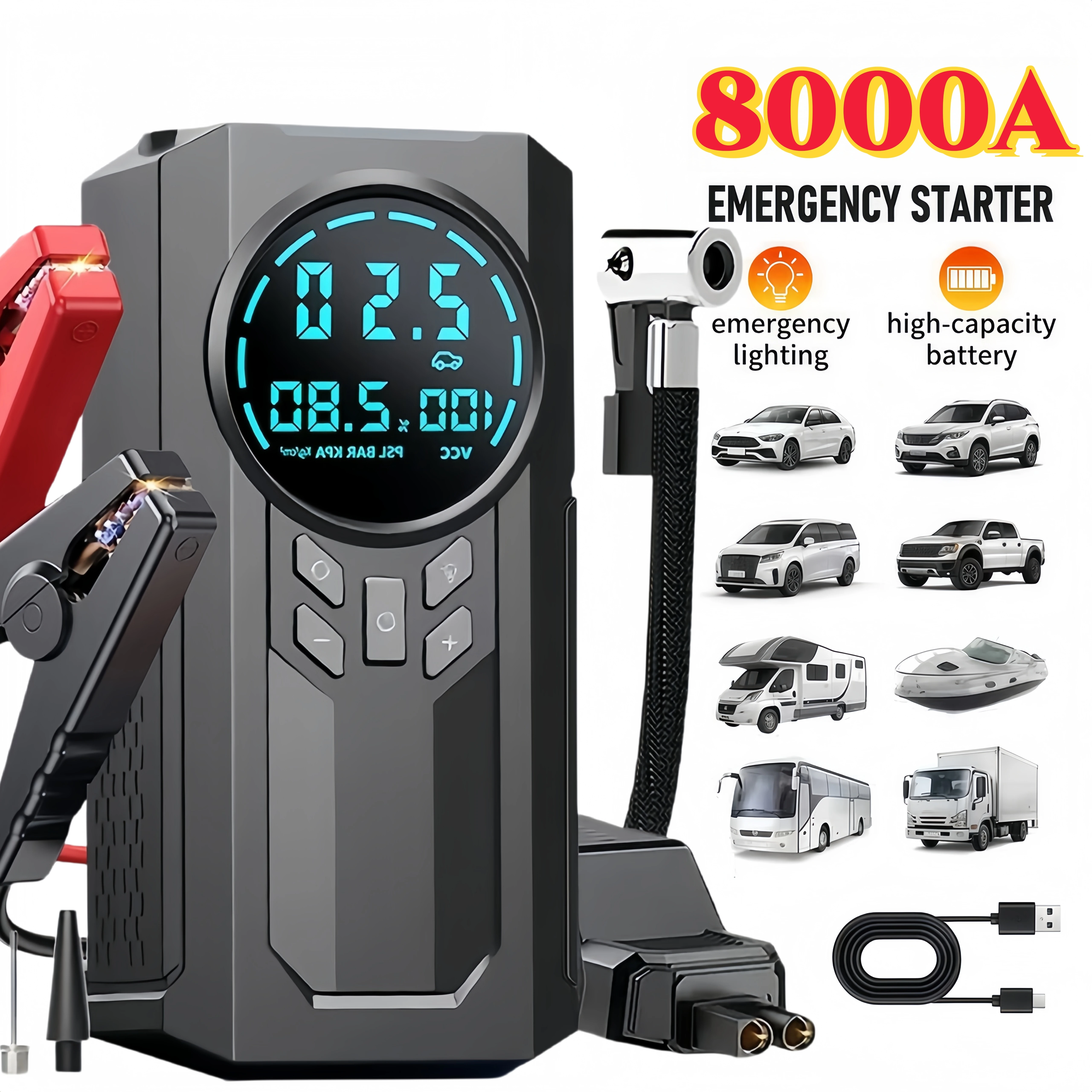 

10-in-1 Wireless Vehicle Maintenance Tools, (including 180 PSI air compressor and 12/24V battery boost starter)
