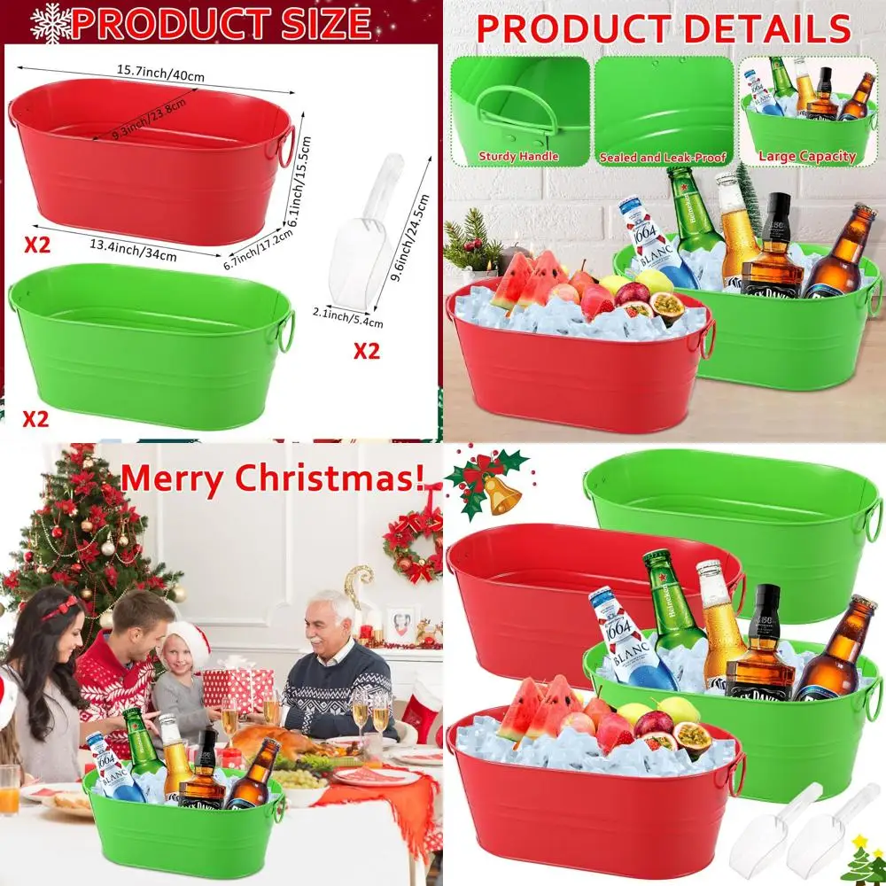 

Set of 4 Large Galvanized Metal Champagne Buckets with Handles and Scoop, 4 Gallon Capacity, Ideal for Home Bar, Beer, Champagne