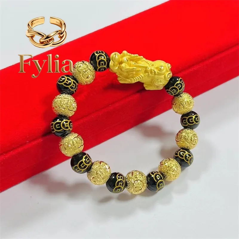 

Fylia Jewelry 9999 24K real gold hollow Pixiu bracelet ring bead DIY paired with trendy accessories bracelet