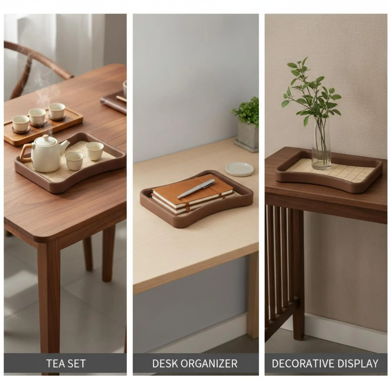 Rectangular Chinese Style Wooden Tray with Leather Accents Woven Centerpiece for Serving Snacks Drinks and Table Organization