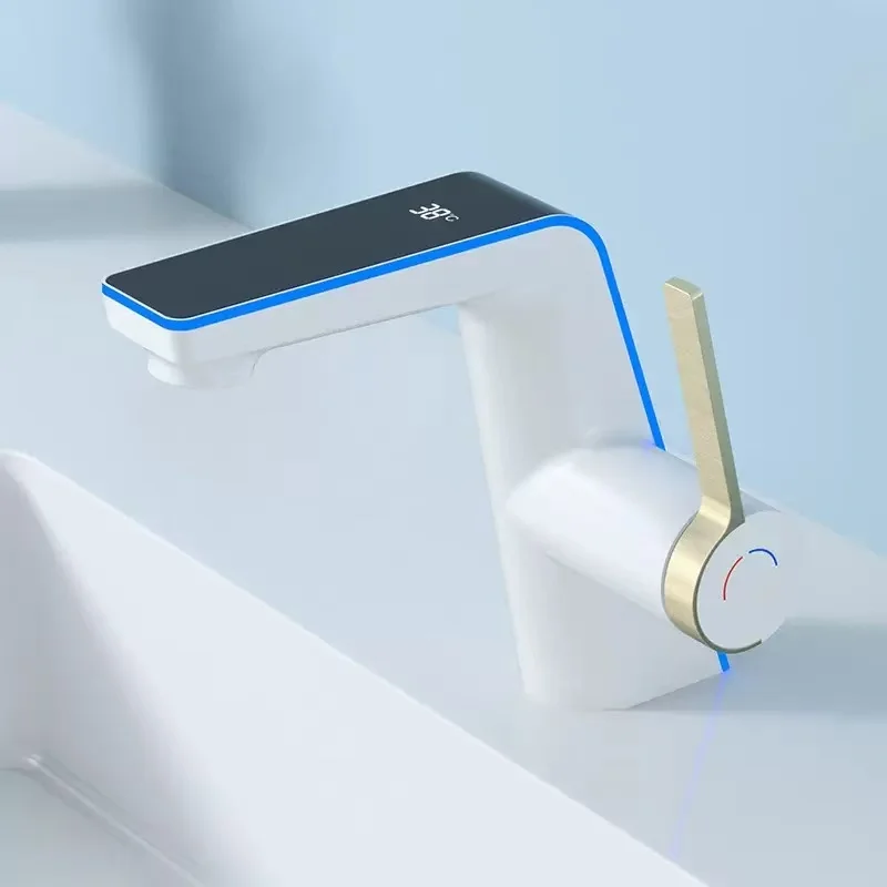 

High end washbasin faucet temperature display LED light hot and cold sink single hole zinc alloy faucet electroplating process