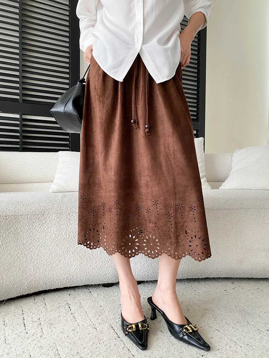 Autumn New Retro Elastic Waist Skirt with Hollow Hook Flower Skirt