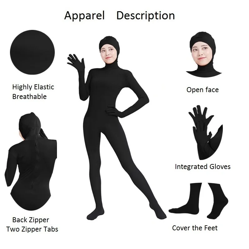 Ensnovo Womens Zentai 의상 성인 오픈 페이스 전신 스판덱스 나일론 스타킹 블랙 젠타이 코스프레 의상 바디 슈트