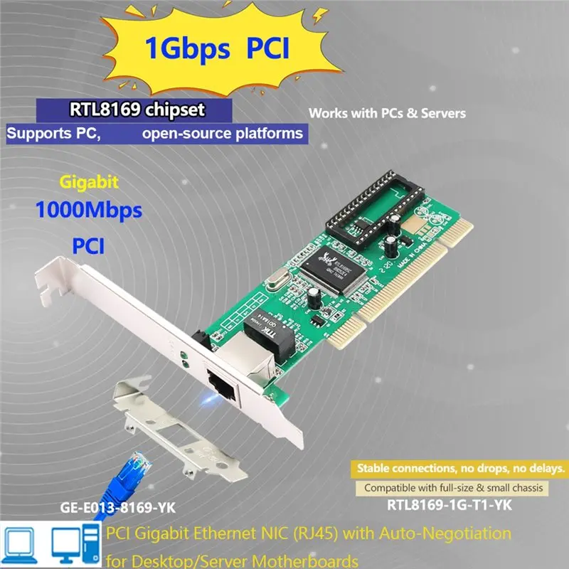 For Desktop PC Network Adapter RTL8169 Chipset Gigabit PCI Ethernet Card 1000Mbps, RJ45 Single Port, Fits Big& Small Cases Chip
