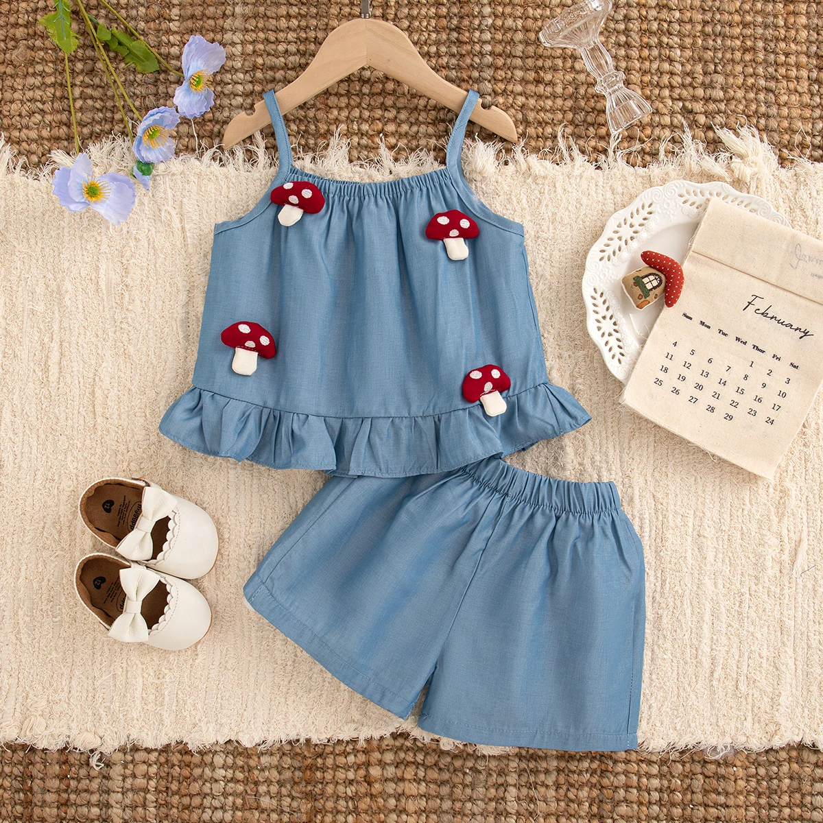 Cute Mushroom Sling Top+Blue Shorts Baby Girl Two-Piece Set, Summer New Beach Party Children'S Clothing (9 Months -4 Years Old)
