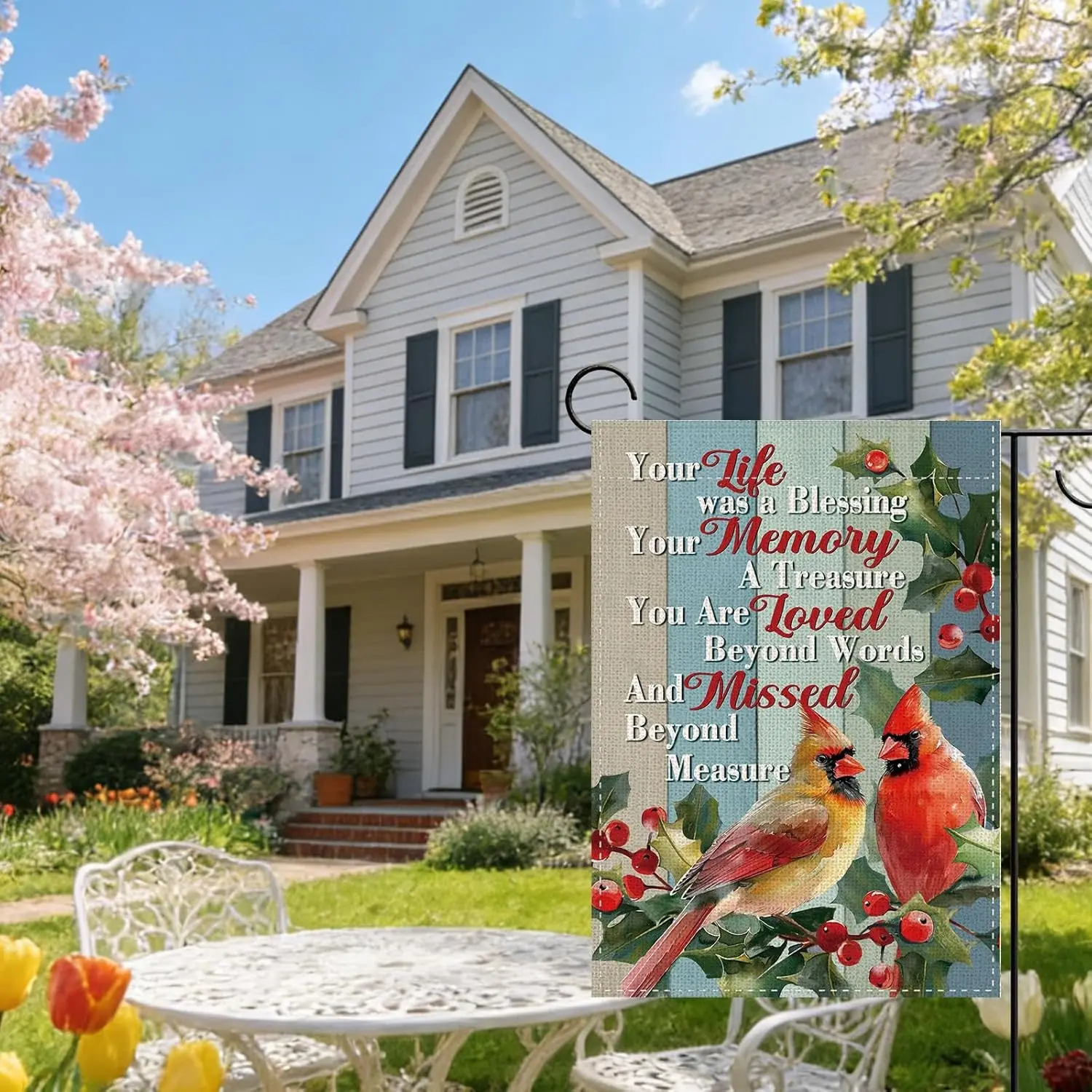 Memorial Cardinal Your Life Was a Blessing Decorative Garden Flag, Red Birds Holly Berry Small Yard Outside Decoration Sympa AAS