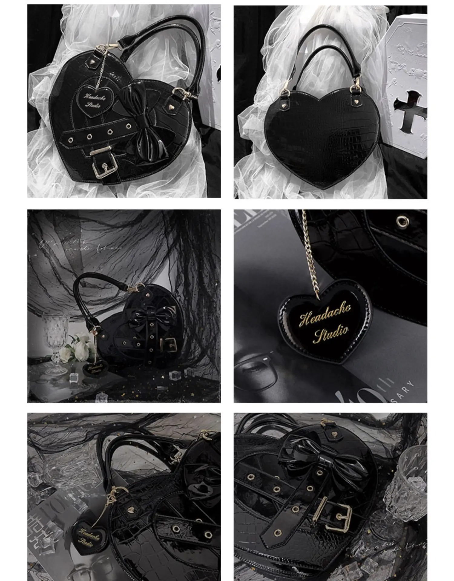 Gothic Cross Lolita Heart Shape Women Handbag Shoulder Bag Kawaii Girls Japanese Bow Tie Satchel Bag Crossbody Bag Totes