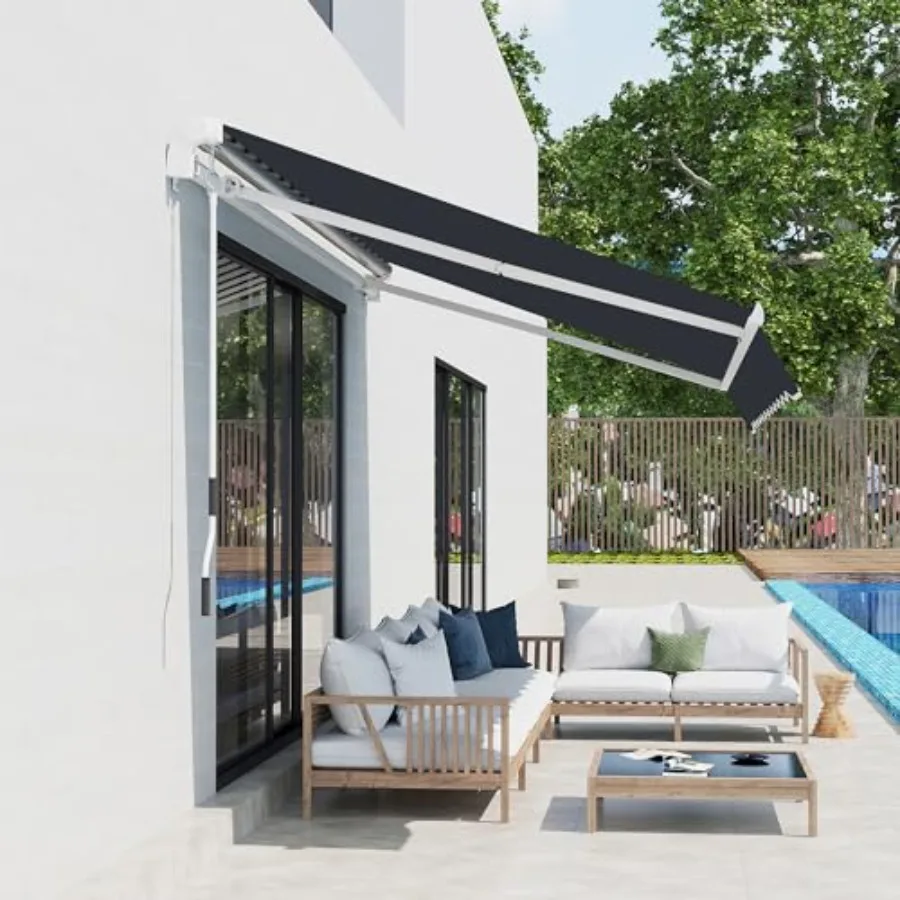 Patio Retractable Awning For Deck And Window, Black Polyester Fabric, Manual Operation, Uv-Resistant And Weatherproof