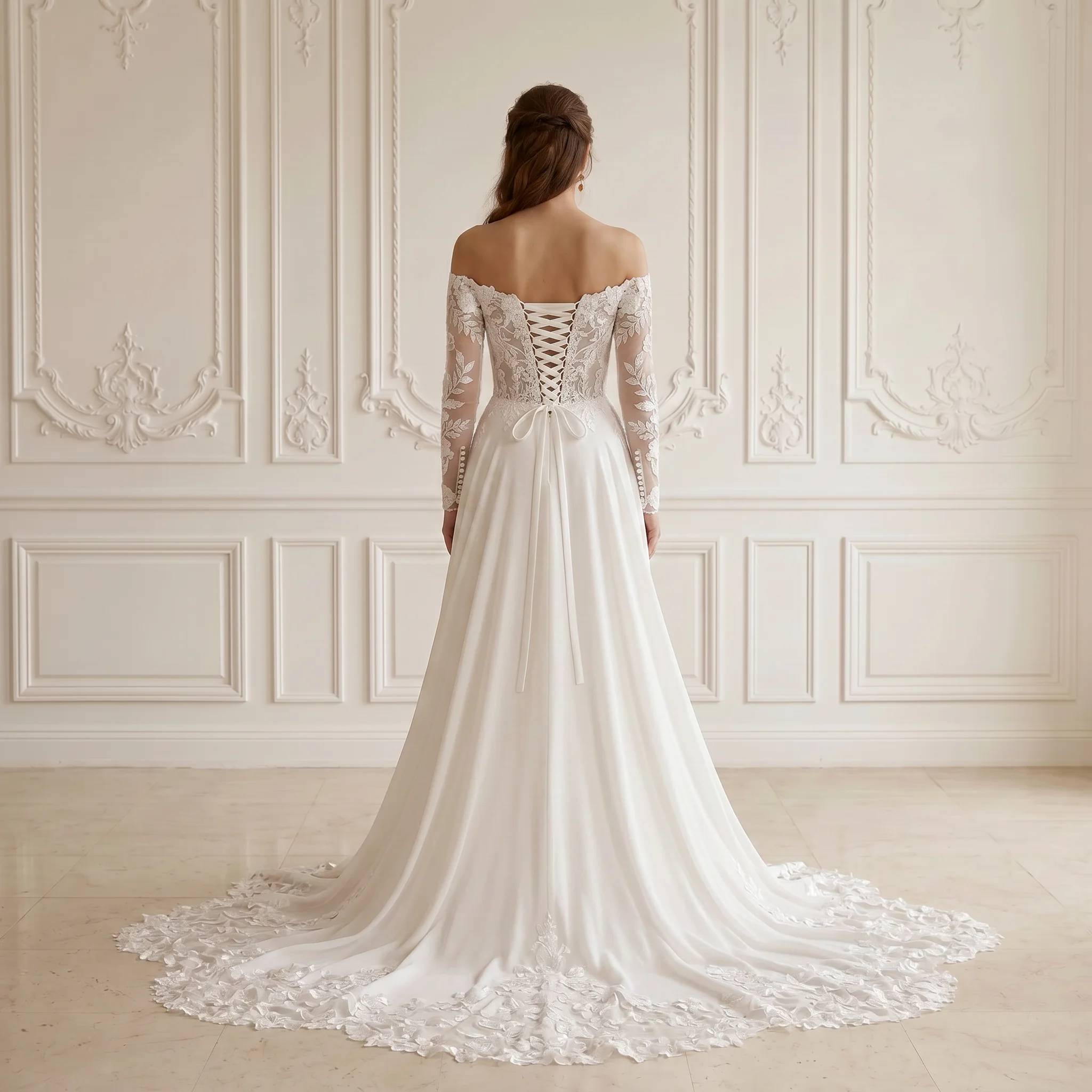 Off Shoulder Long Sleeve A Line Wedding Dress Lace Bodice Soft Satin Skirt Corset Back Floral Lace Chapel Train Bridal Gown