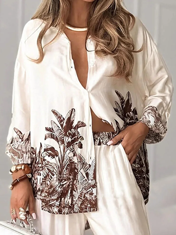 

Винтажные рубашки с длинными рукавами с растительным принтом и широкие брюки, элегантные повседневные женские наряды, осенние новые свободные комплекты из двух предметов