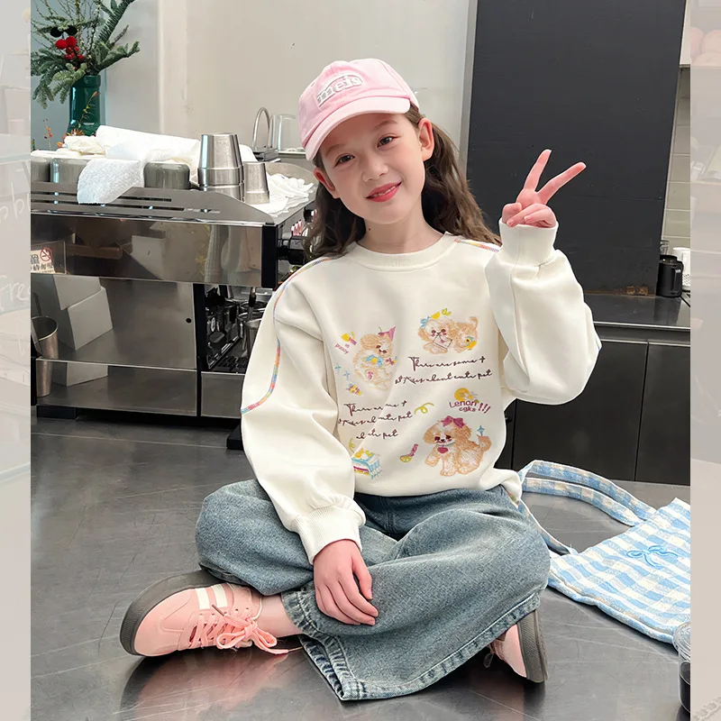 

Children's Stylish Long Sleeve Top Girls Loose Drop Shoulder Sweatshirt Big Kids Inner Wear2025New Spring Collection
