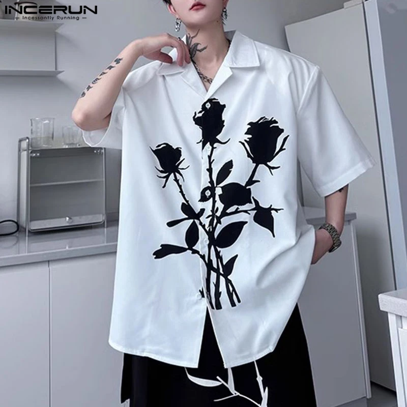 INCERUN Men Shirt Printing Lapel Short Sleeve Loose Casual Men Clothing Summer Korean Style Streetwear 2024 Fashion Male Shirts