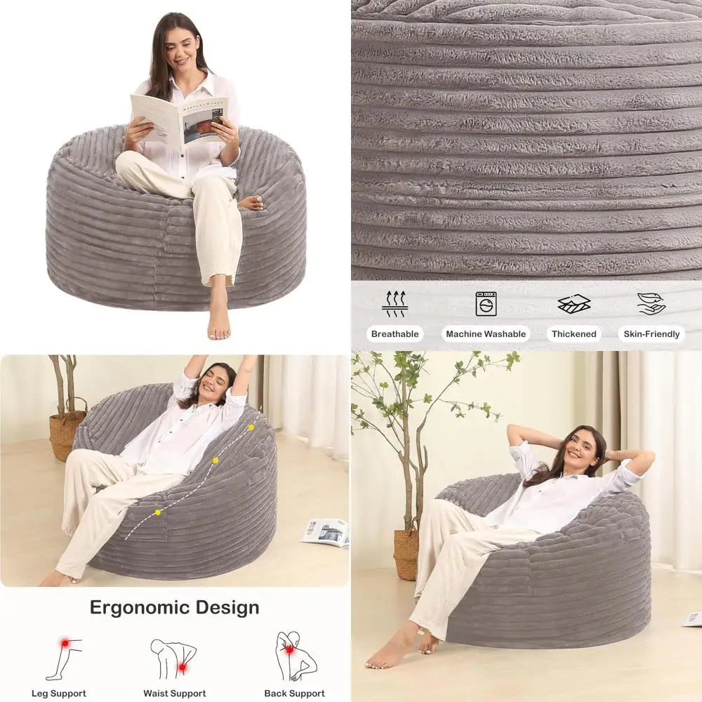 

Memory Foam Bean Bag Chair - Adult & Teen Size, Fluffy Removable Cover, Ideal for Living Rooms, Bedrooms, Dorms, Grey
