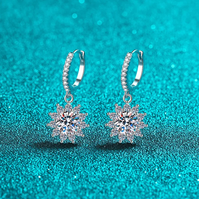 

White Gold Plated 1-2ct Moissanite Drop Earrings for Women Diamond Jewelry 925 Sterling Silver Sunflower Earring for Girl