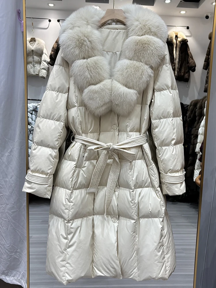 럭셔리 리얼 폭스 퍼 칼라 롱 다운 재킷 여성용 따뜻한 2026 겨울 패션 브이넥 퍼퍼 코트 허리띠 포함 파카 INKEO DJ634