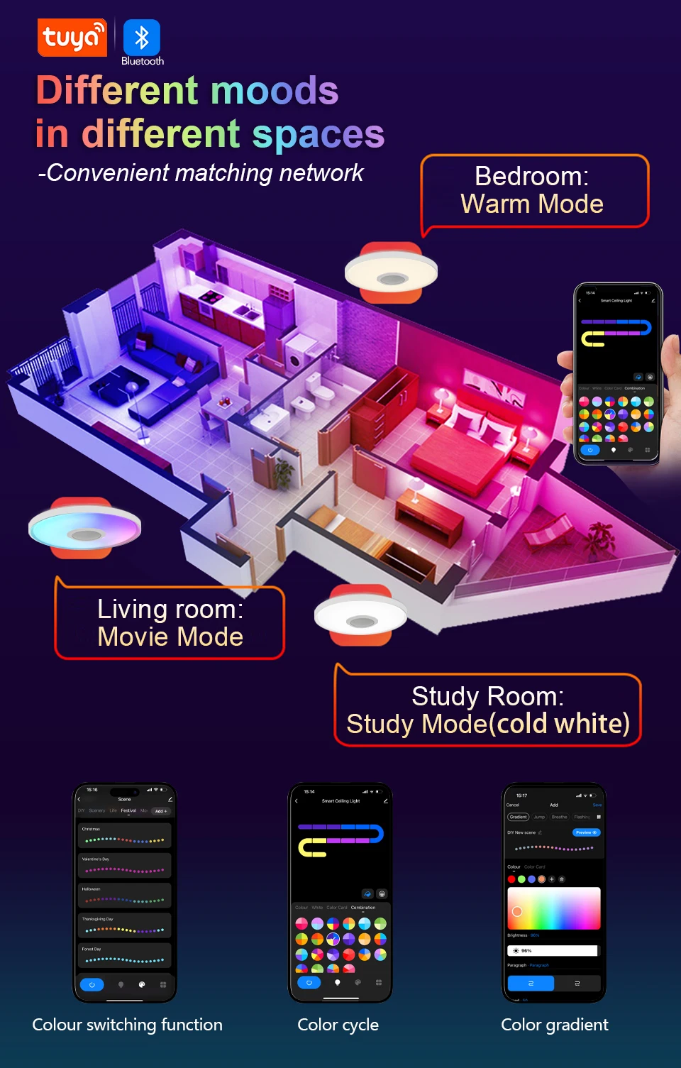 Intelligente RGB LED-Deckenleuchte mit Bluetooth-Lautsprecher Tuya APP Fernbedienung Dimmbare Moderne Musikleuchte für Wohnzimmer Schlafzimmer – Detail 14