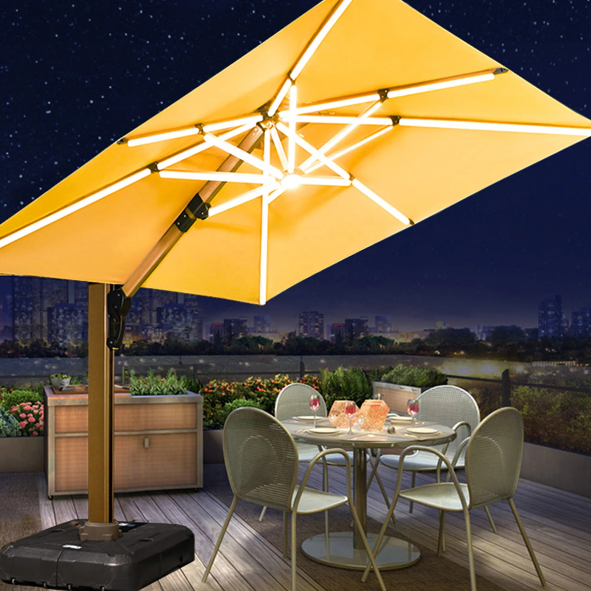 [Champagne Pole]Double Poles Patent Solar Light Outdoor Umbrella Popular Sun Shade Parasol Garden Hotel Sun Brella Resell Price