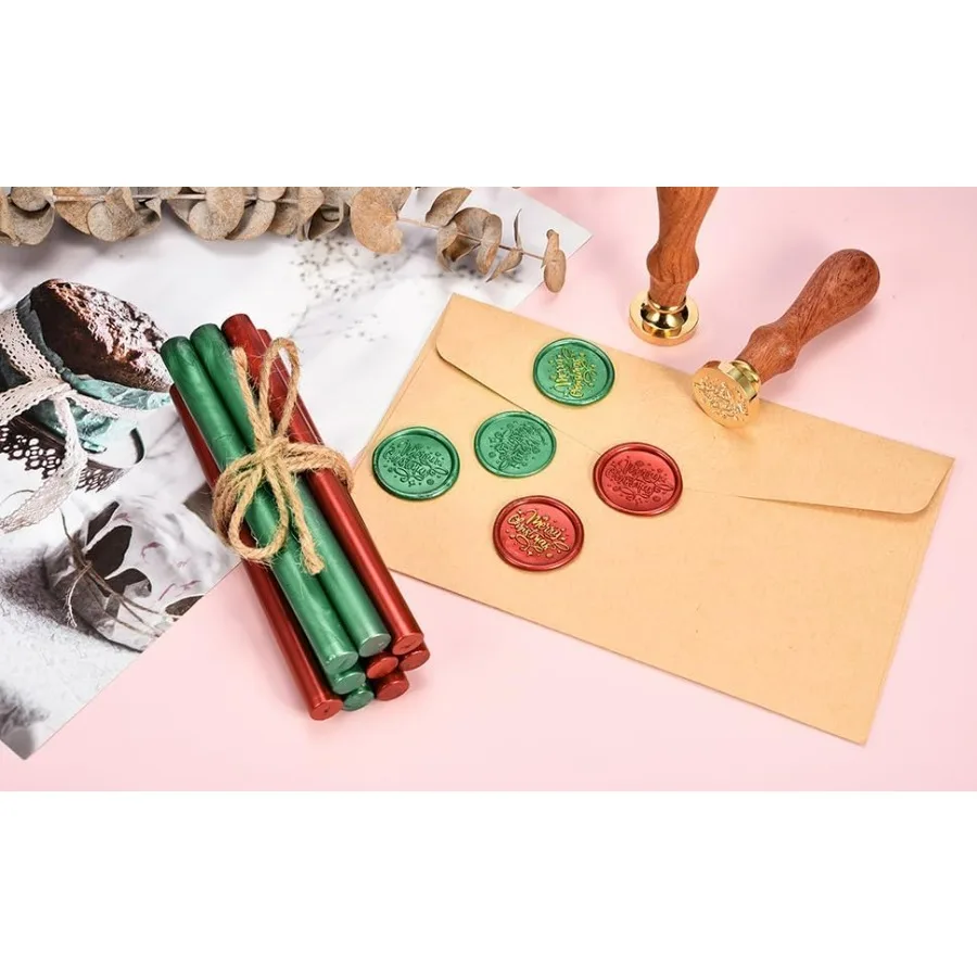 ชุดอุปกรณ์ประทับตราขี้ผึ้ง สุขสันต์วันคริสต์มาส ตราประทับขี้ผึ้ง 10 ชิ้น สีแดงเมทัลลิกและสีเขียว ปืนกาวแท่งขี้ผึ้งพร้อมปากกา เหมาะสำหรับ