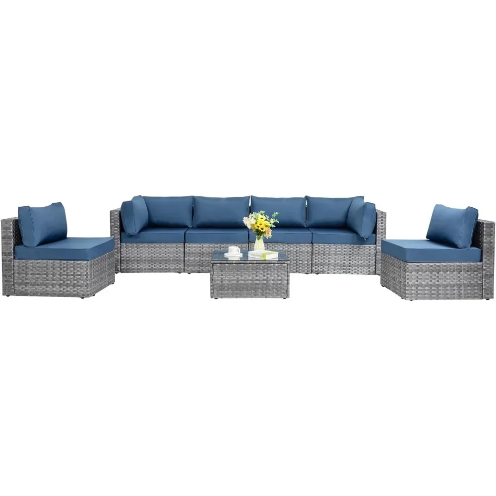 

7 Pieces Outdoor Patio Sectional Sofa Couch, Silver Gray PE Wicker Furniture Conversation Sets with Washable Cushions