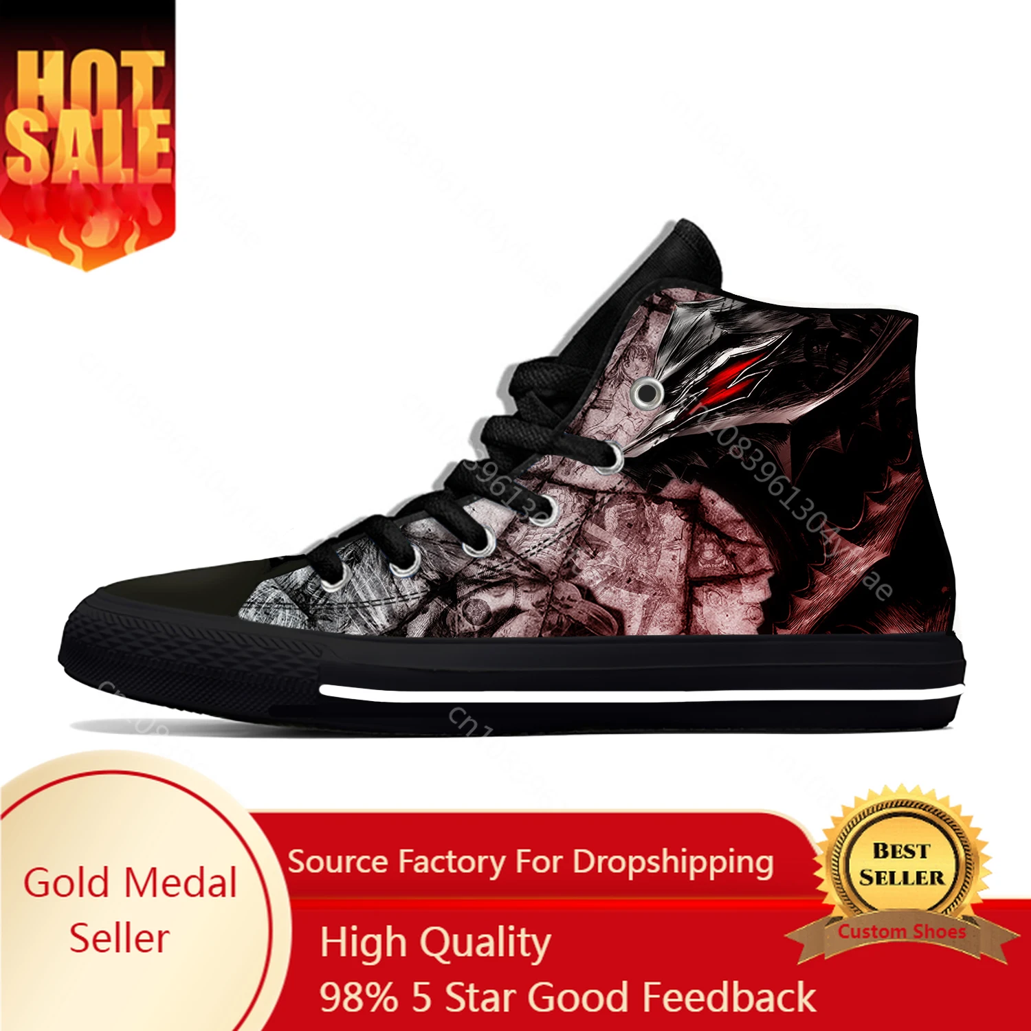 Anime Manga Cartoon Berserk Guts Black Swordsman Casual Cloth Shoes High Top Lightweight Breathable 3D Print Men Women Sneakers