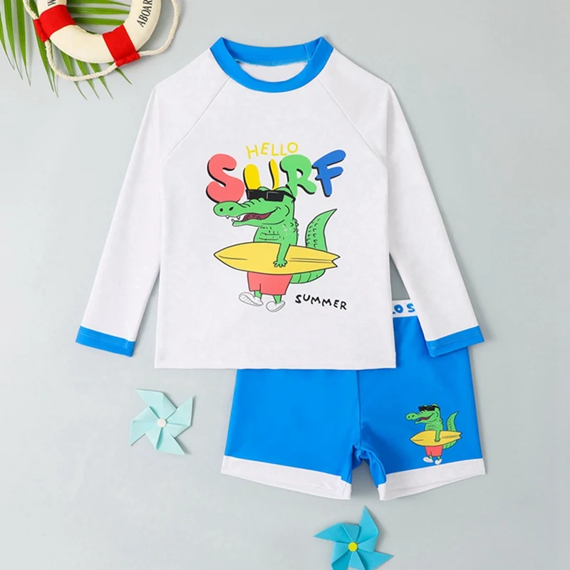 Costume da bagno estivo per bambini carino e vivace 2, camicia corta con motivo a cartoni animati a maniche lunghe, costume da bagno ad asciugatura