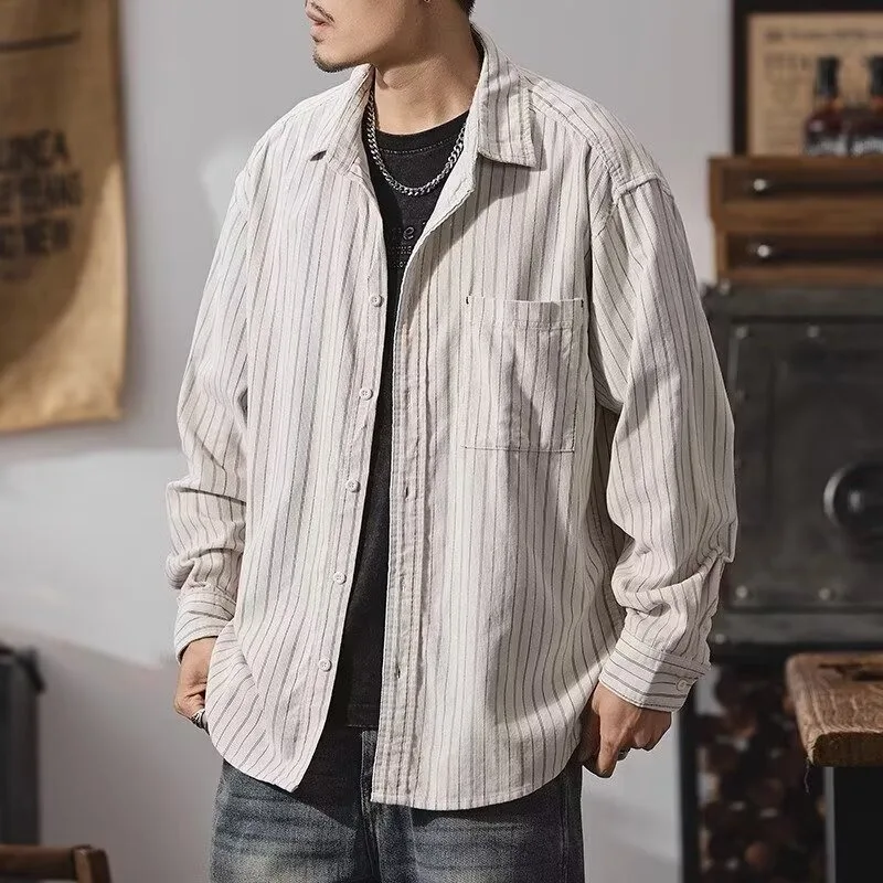 

Loose Men's Long Sve irt Autumn Winter Large Size 250 Pou Japanese Sle Texture Stripe Casual Workwear Jaet