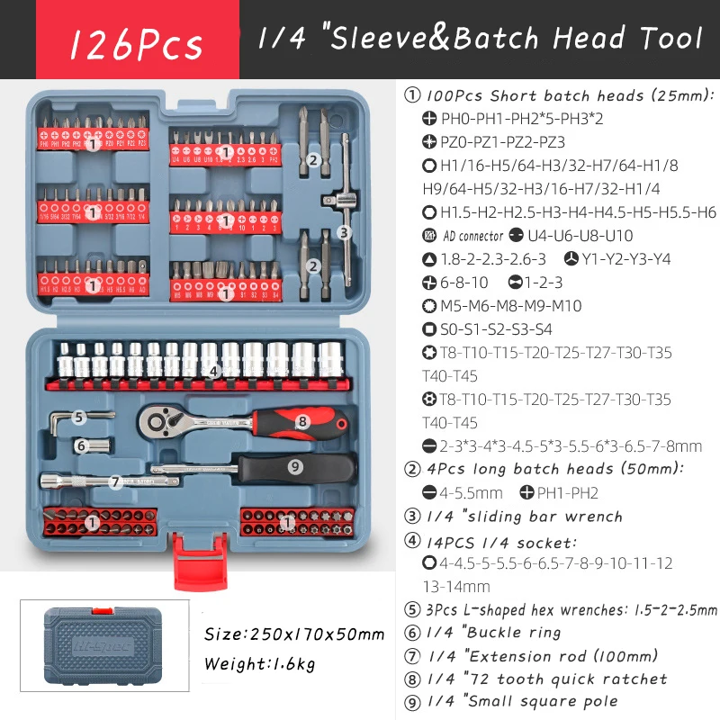 126Pcs Quick-Release 1/4-Inch Socket Set Ratchet Torque Wrench Car Repair Tool Kit for Auto Repairing Set Mechanic Tools