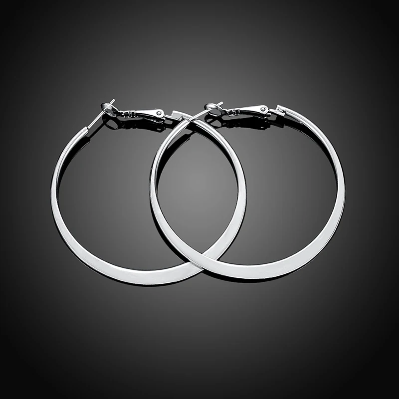 Pendiente de aro circular grande y plano de Plata de Ley 925 de 50MM para mujer, joyería de moda