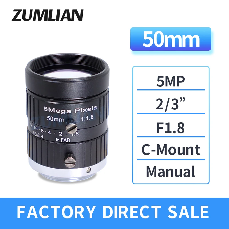 

ZUMLIAN CCTV 50mm Fixed Focus Lens 2/3 '' C-Mount Lens 5MP Machine Vision Cameras F1.8-F16 Manual Iris fa Industrial Inspection