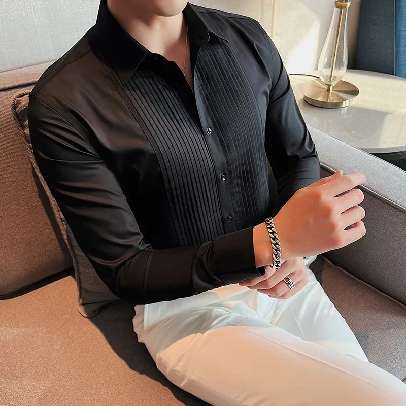 

High Quality Black/White Long Sleeve Shirt Men's Pleated Fold Tuxedo Shirt Formal Business Slim Fit Groom Wedding Dress Blouses