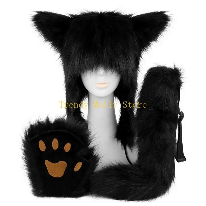 N5KB – ensemble costumes d'halloween, chapeau en peluche, gants en fourrure, gants en pattes queue renard, chapeau pour