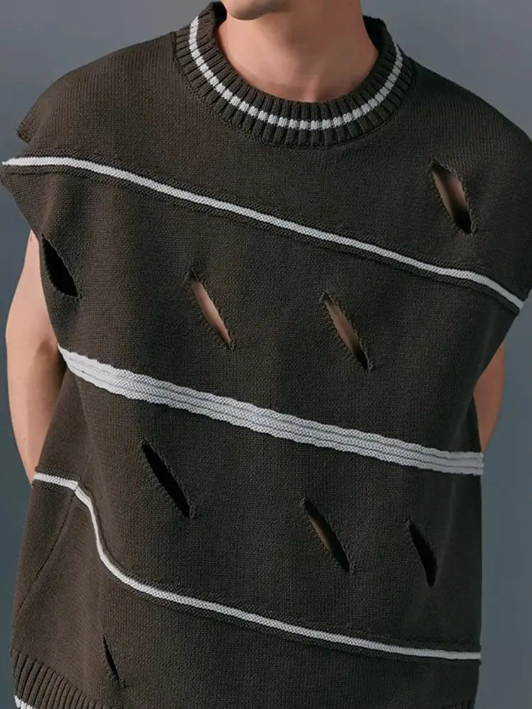 New Ripped Striped Knitted Sweater Men's Vest Hollow Irregular Loose Sleeveless Wide Shoulder Sweater Vest