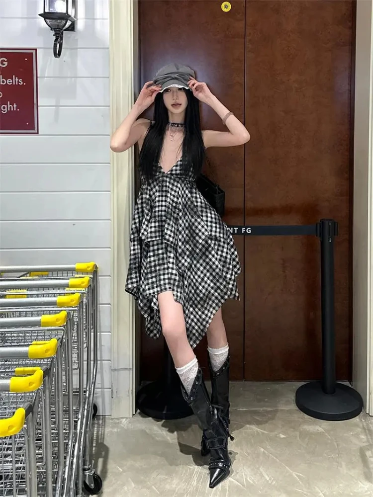 Picante meninas retro irregular dupla camada xadrez cinta vestido verão temperamento sem mangas a linha festa mini vestidos