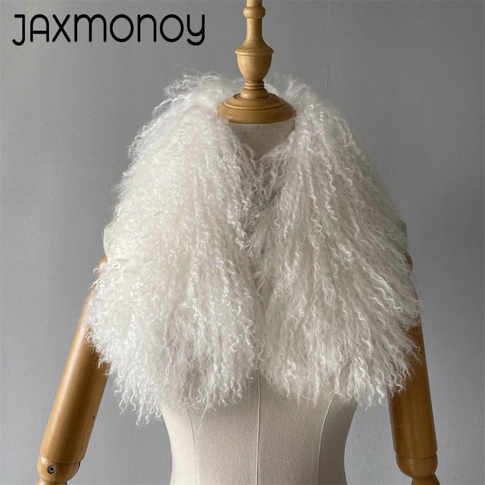 Jaxmonoy Real Mongolian Sheep Fur Scarf Women Detachable Lamb Fur Collar Winter Warm Fur Scarves Lady Fashion Neck Warmer Autumn