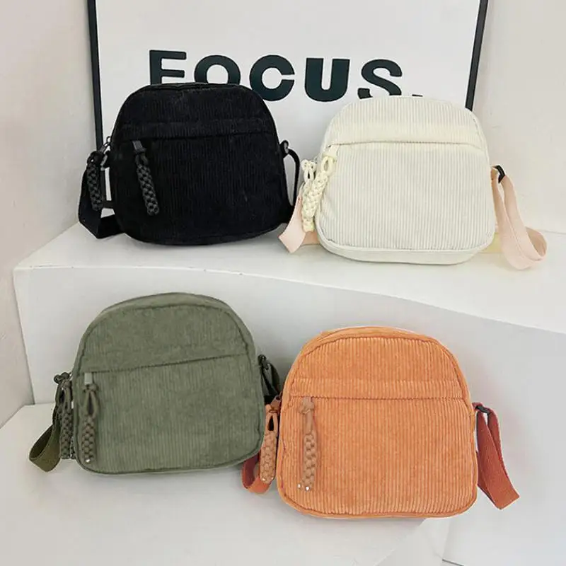 

Corduroy Crossbody Bag for Women Casual Harajuku Style Zipper Closure Adjustable Strap Multi Pockets Polyester Lining Beige