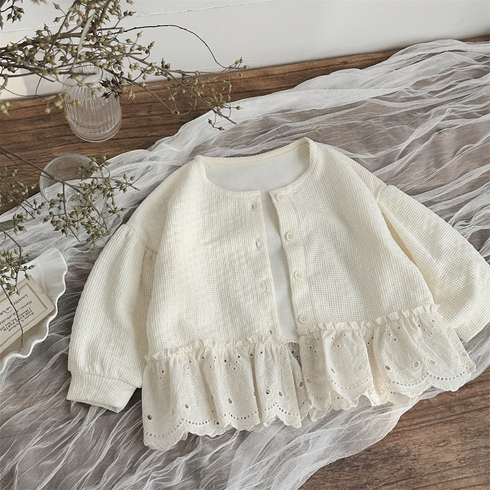 2025 Spring New Baby Clothes Outerwear 0-3 Years Girl Clothes Small Grid Bubble Long Sleeved Cardigan Splicing Lace Jacket