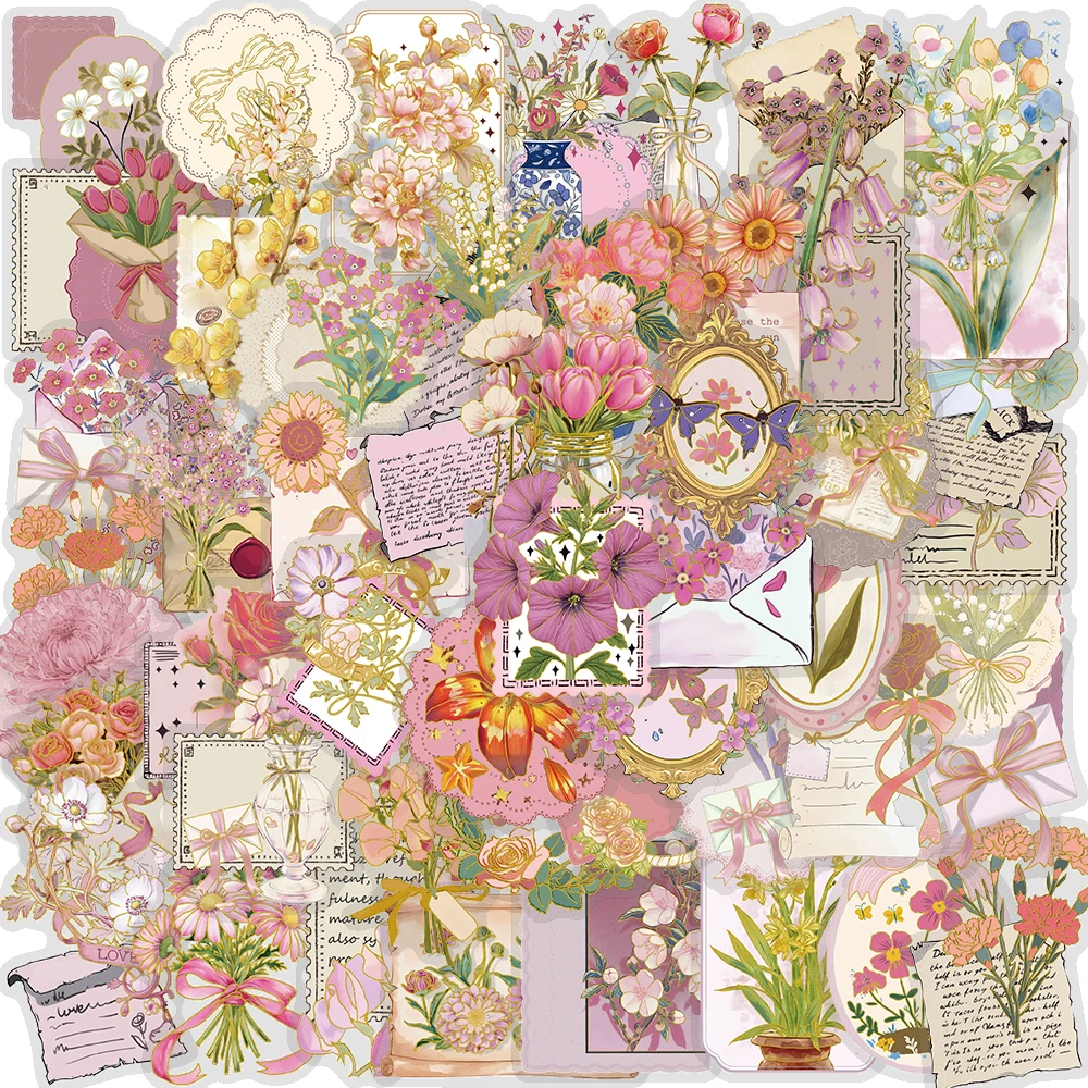 50 Stück Goldfolie, transparent, Vintage-Blumenaufkleber, wasserfest, Blumenaufkleber für Scrapbooking, Valentinstagsgeschenke für Frauen