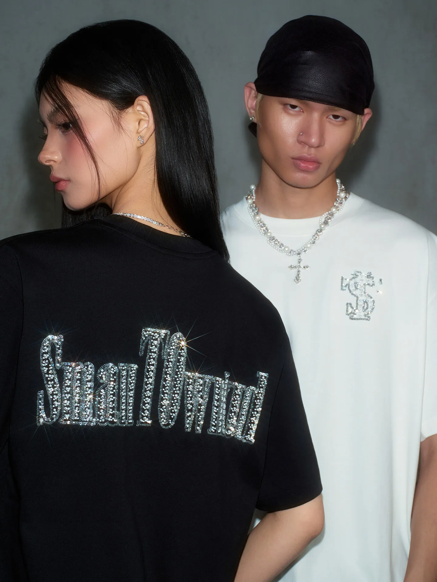 STK SmallTownKid American Retro Style Short Sleeve T-Shirt Glitter Letter Print Loose Fit Breathable round Neck Top