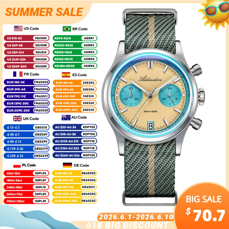 

ADDIESDIVE Men Chronograph Quartz Watches 100m Waterproof BGW9 Luminous Wristwatch 38mm Bubble Glass Watch AD2095 Birthday Gift