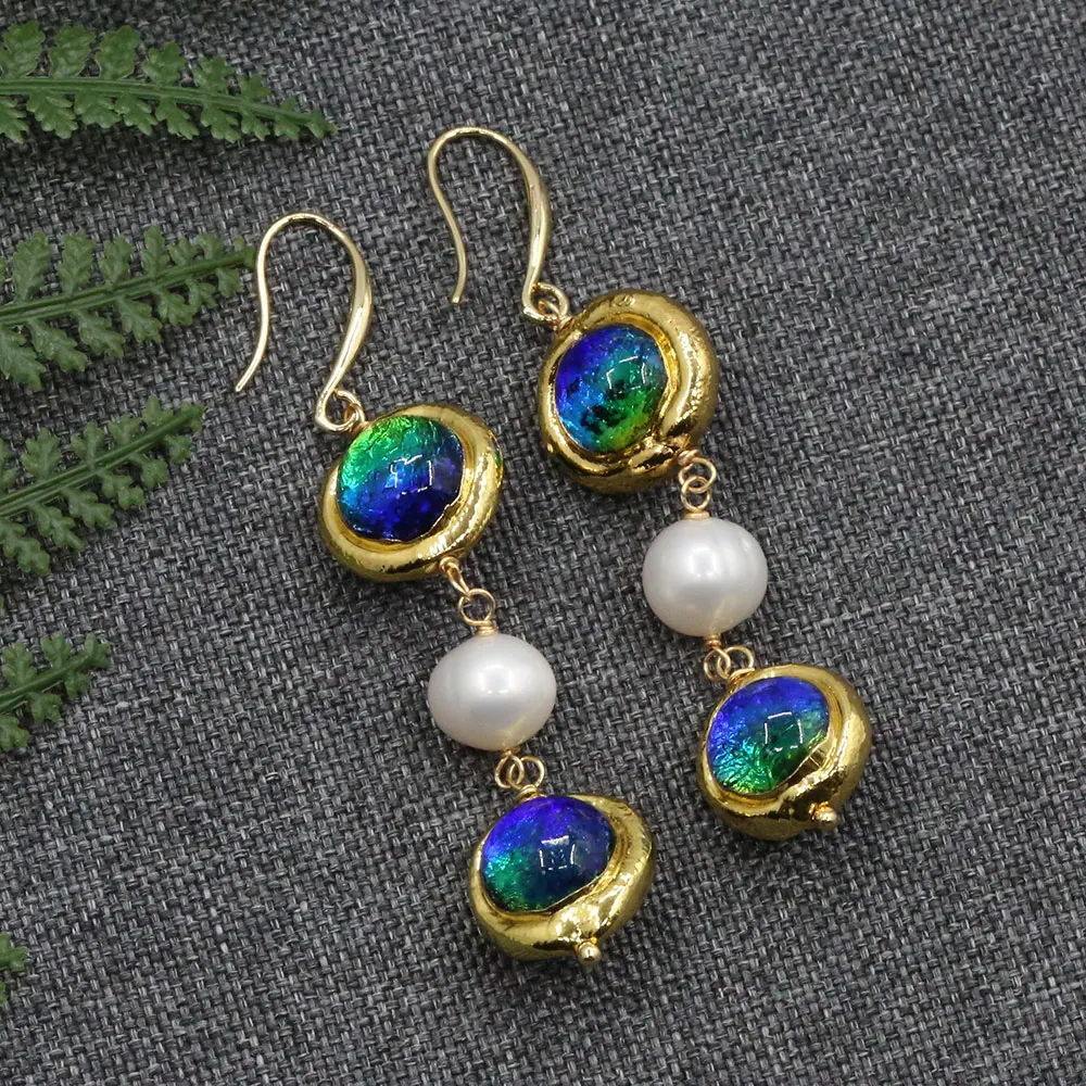 Cultured White Keshi Pearl Blue Murano Glass Dangle Hook Earrings