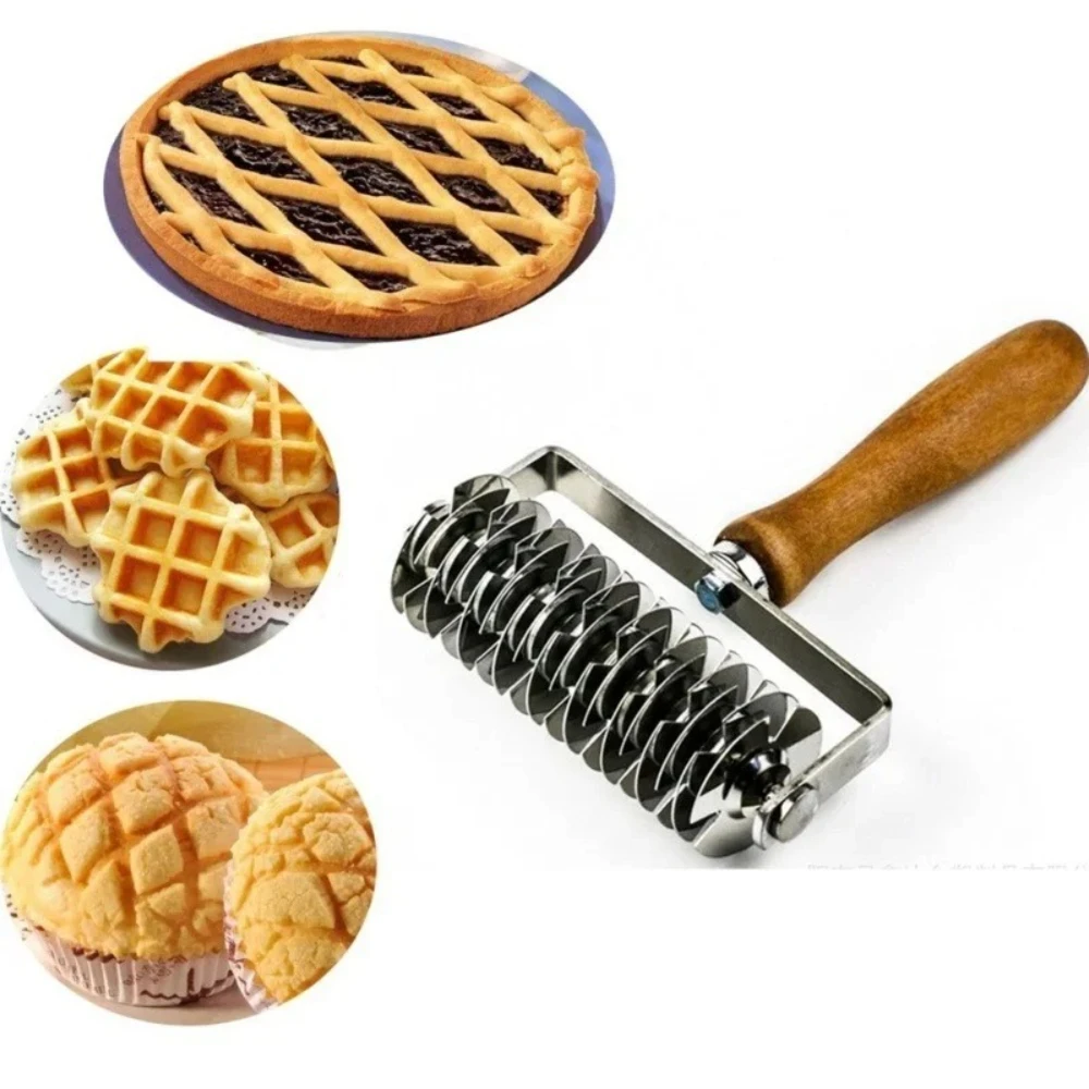 Pizza-Gitterroller aus Edelstahl mit Holzgriff, Backwerkzeug für Kekse, Kuchen, Gebäck, Brot, Küche, Backzubehör