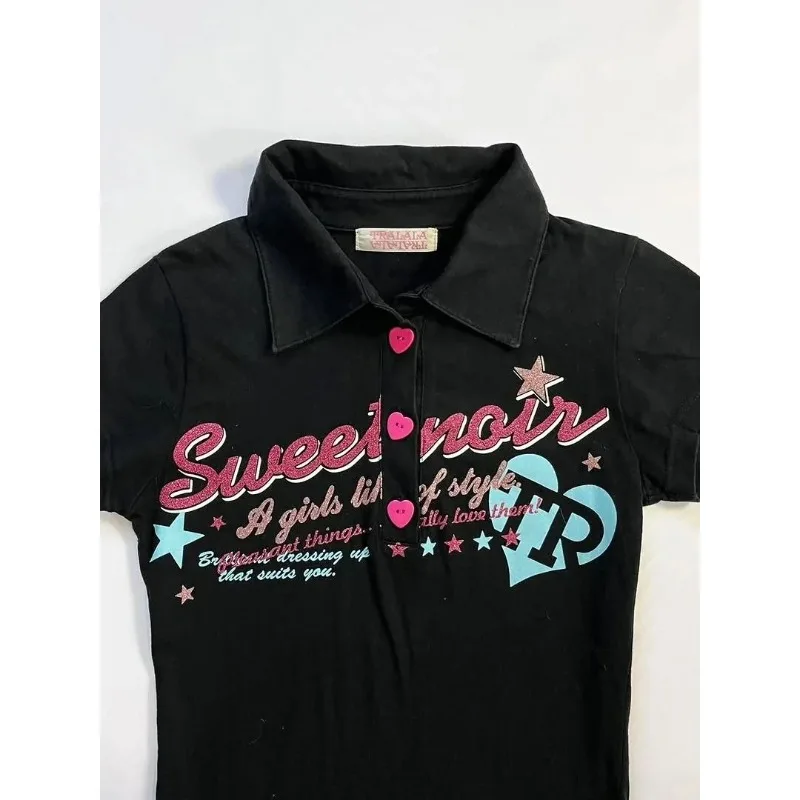 빈티지 폴로 칼라 슬림핏 티셔츠 여성 여름 Y2K 레트로 밀레니엄 고딕 반팔 탑 스트릿웨어 하라주쿠 2000년대 의상