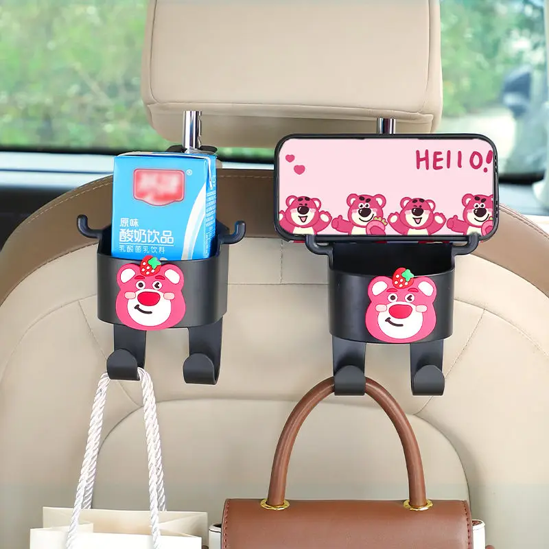 MINISO Car Hook Seat Back Multi functional Cartoon Strawberry Bear Interior Rear Storage Beverage Storage Box Phone Stand