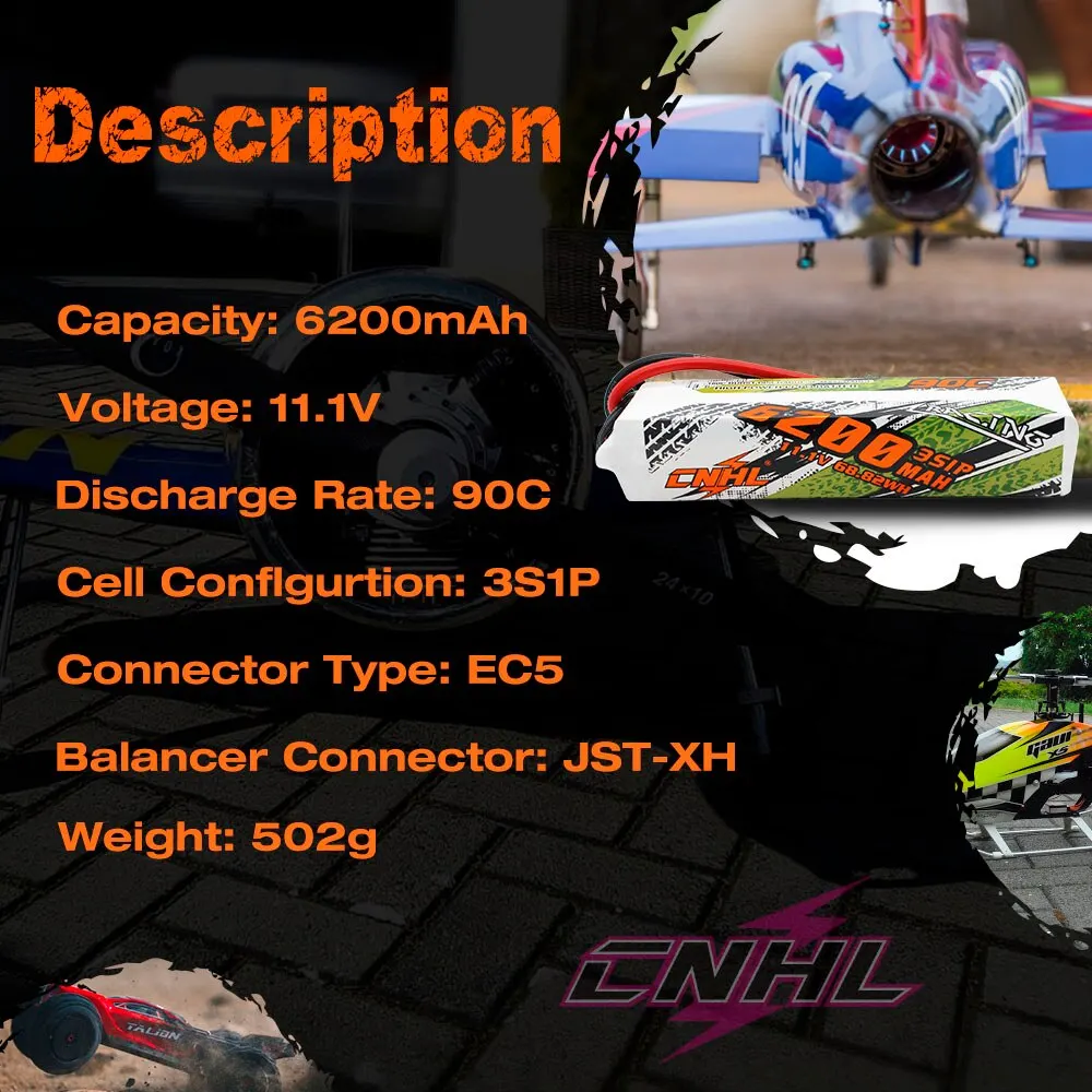 CNHL 3S 11.1V Lipo Battery 6200mAh 90C For RC Helicopter Cars Parts Boats Vehicle Truck Speedrun With EC5 Plug