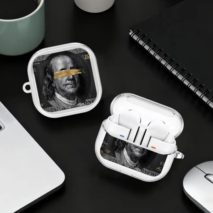 

Case For Samsung Galaxy Buds 2 4Pro 3Pro 4 Pro 3 FE 2Pro Live Clear Earphone Cases Cover With Hook D-Dollar Bill Pattern