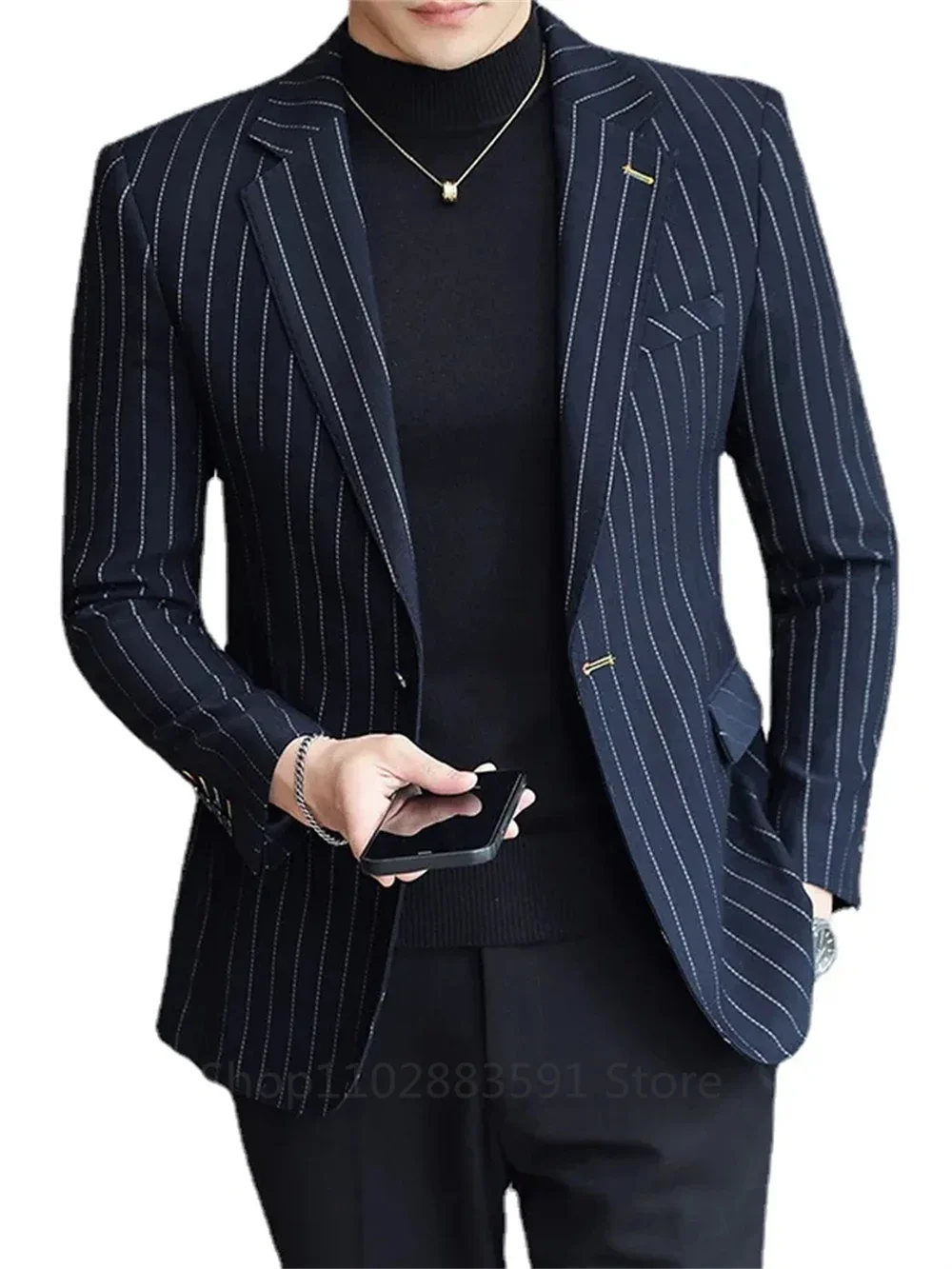 1 Piece Pinstripe Men\'s Suit Slim Fit for Formal Wedding Tuxedo Notched Lapel Navy Blue Striped Business Groom Male Fashion