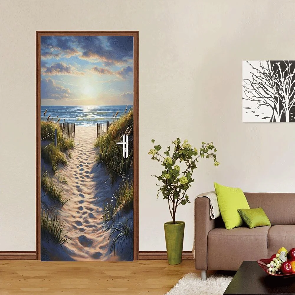 2pcs Beach Scenery Wall Stickers Sunshine Waves Beach Door Stickers Home Decoration Stickers Self Adhesive Removable Living Room