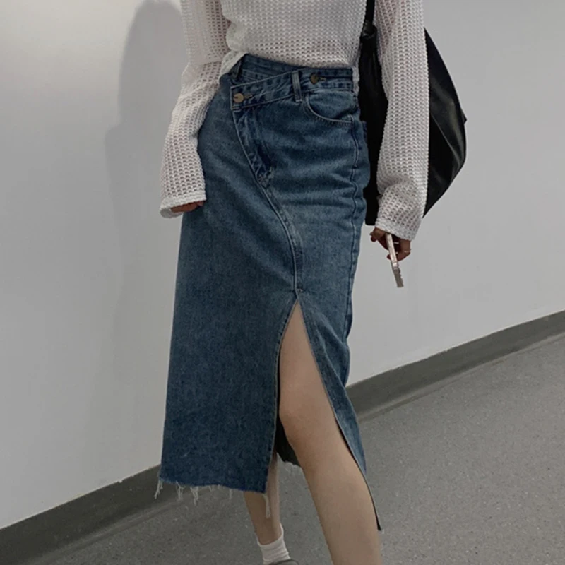 Vintage Women Casual Denim Skirt High Waist Split Front Long Jeans Skirts Midi Jeans Skirt Irregular Waist Slim-Fit Skirts Girls