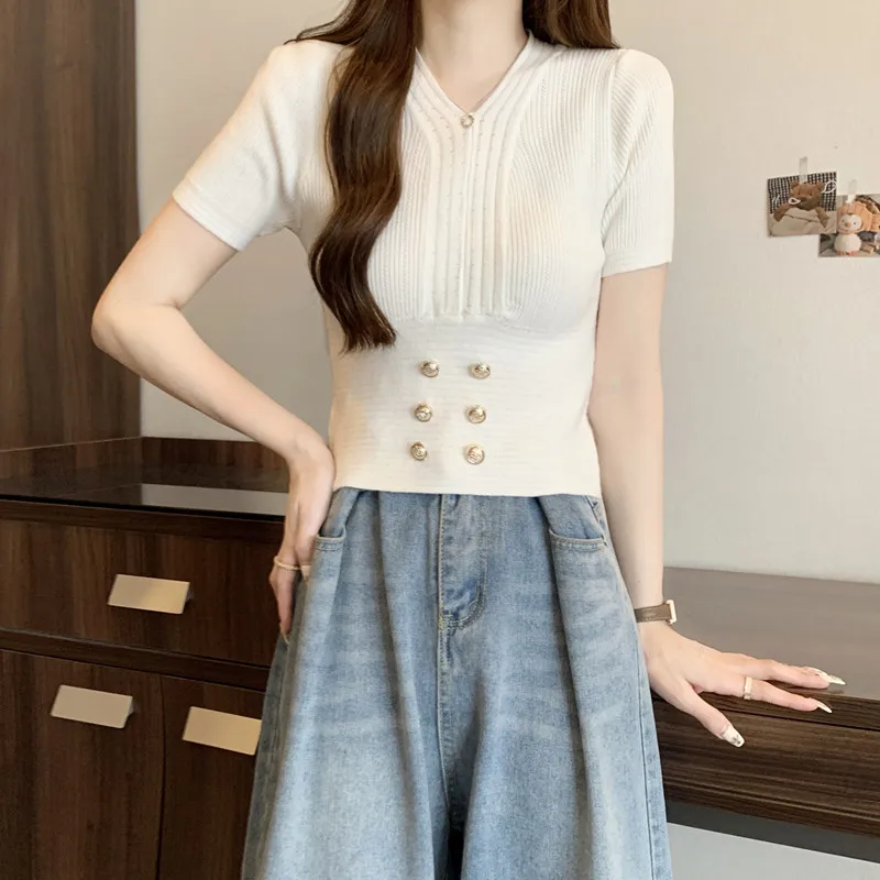 Women Deep V-neck T-shirts Short Sleeve Graceful Summer Office Lady All-match Vintage Korean Style Designer Streetwear Solid Ins